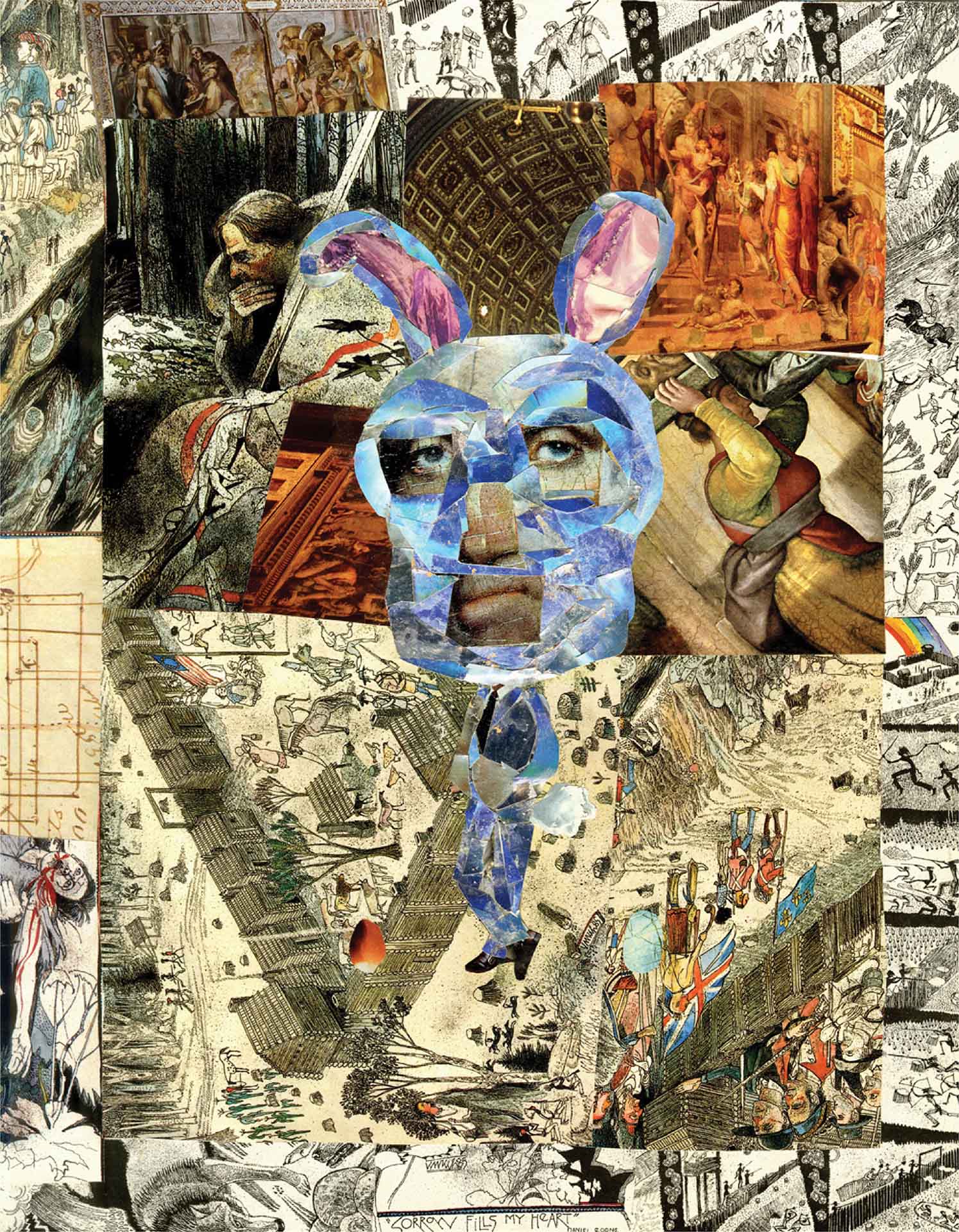Collage styled artwork featuring a bunny-looking man in the middle of the collage with antique old art in the background.