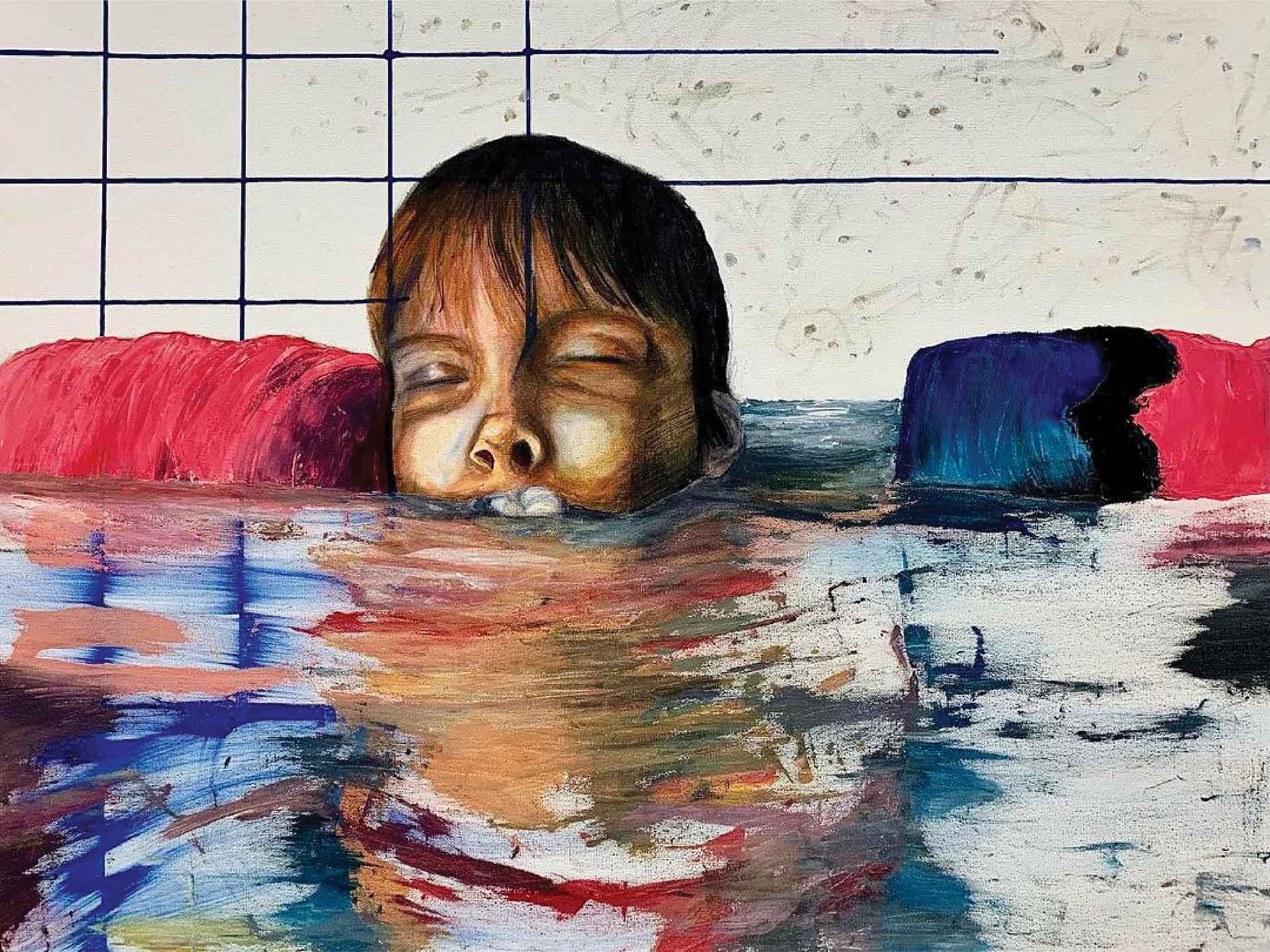 A painting of a person with brunette hair seeming to float with their eyes closed next to the floating line in the pool that separates the shallow end from the deep end in bright colors