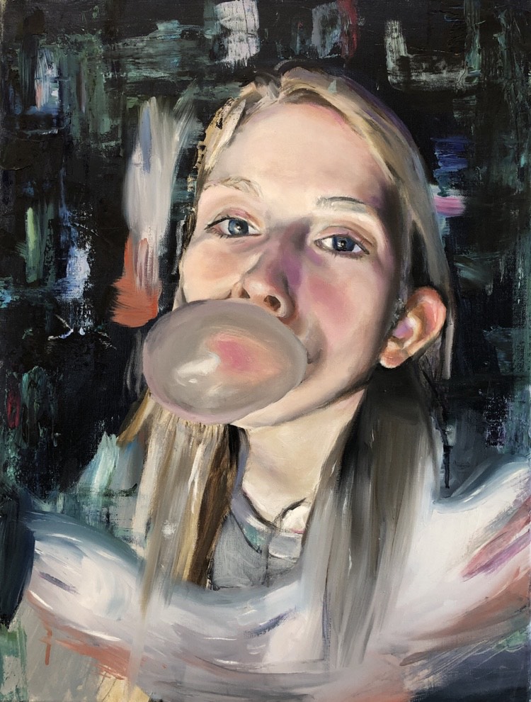 Painting of a girl blowing a bubblegum bubble with an abstract brushy background
