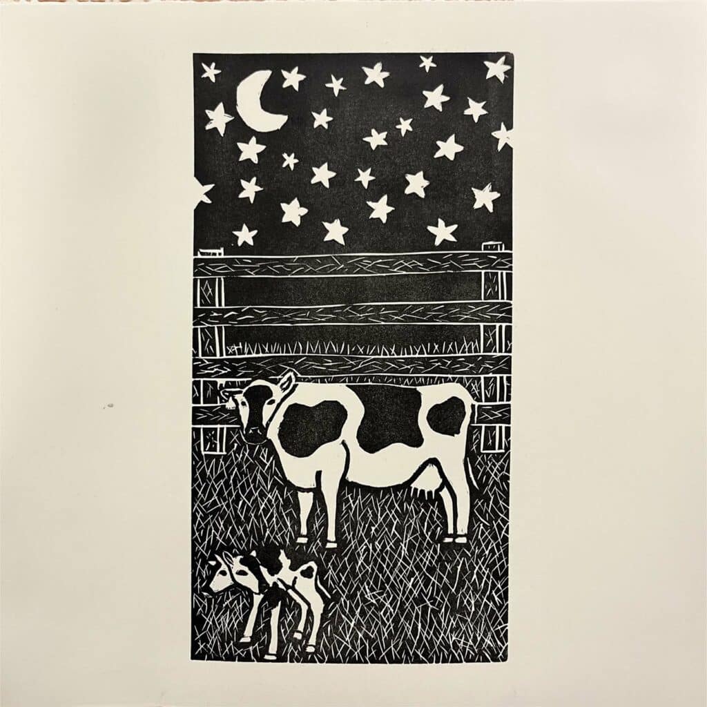 drawing of one larger cow and a smaller cow with two heads at night time in front of a fence in their field.