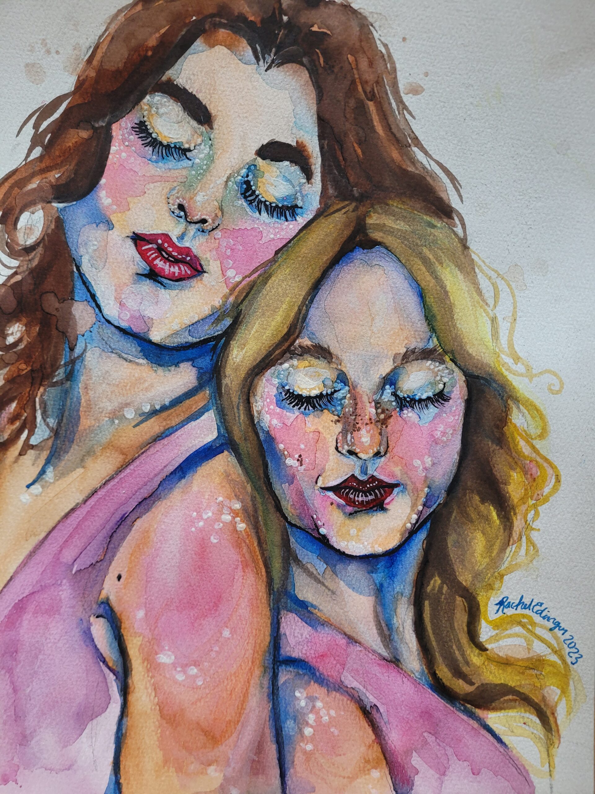 Two female figures with eyes closed in bright color