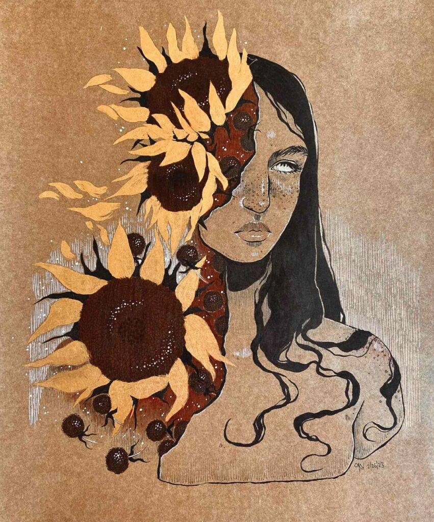 Collaged artwork showing a woman that is half made from sunflowers and half made of a human.