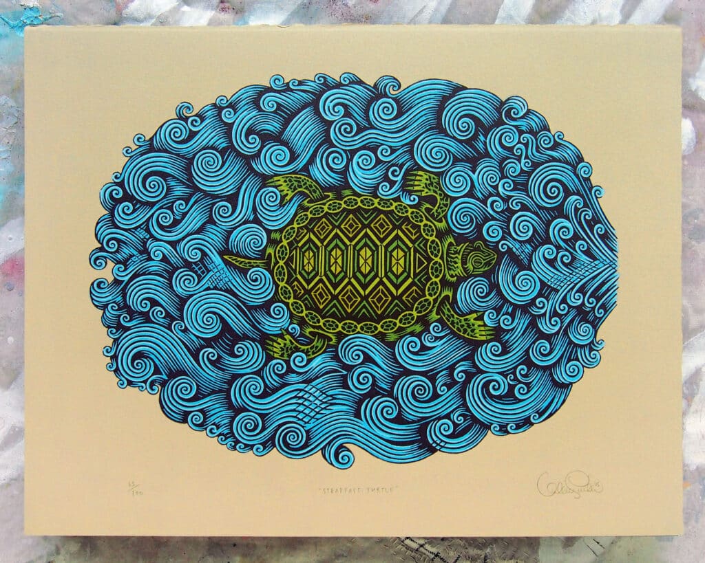 "STEADFAST TURTLE" 4-block color woodcut print by Valerie Lueth (2025)