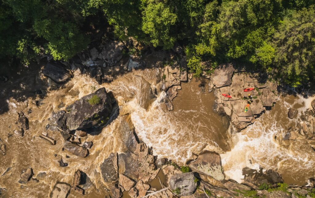 An overhead shot of kayakers.