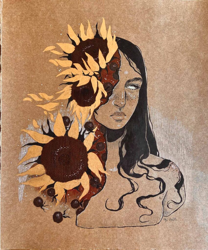 Collaged artwork showing a woman that is half made from sunflowers and half made of a human.