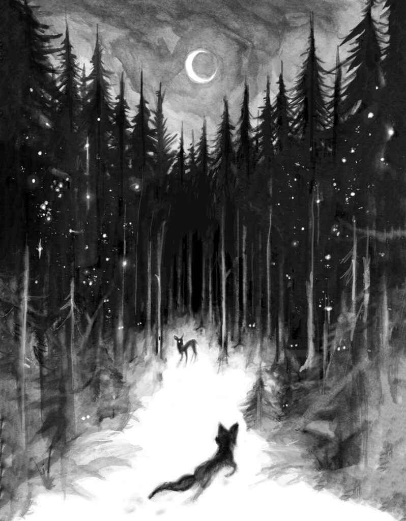 A work of art by Brian Serway depicting two animals on a trail into a deep, dark forest. A work of art by Brian Serway depicting two animals on a trail into a deep, dark forest.