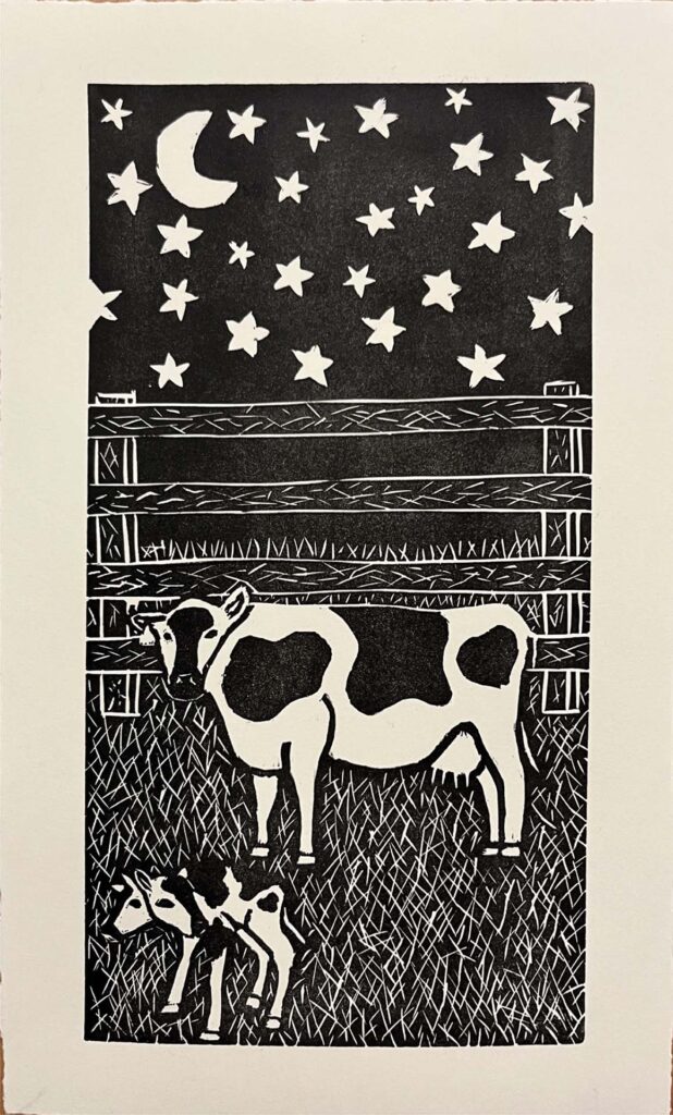 drawing of one larger cow and a smaller cow with two heads at night time in front of a fence in their field.