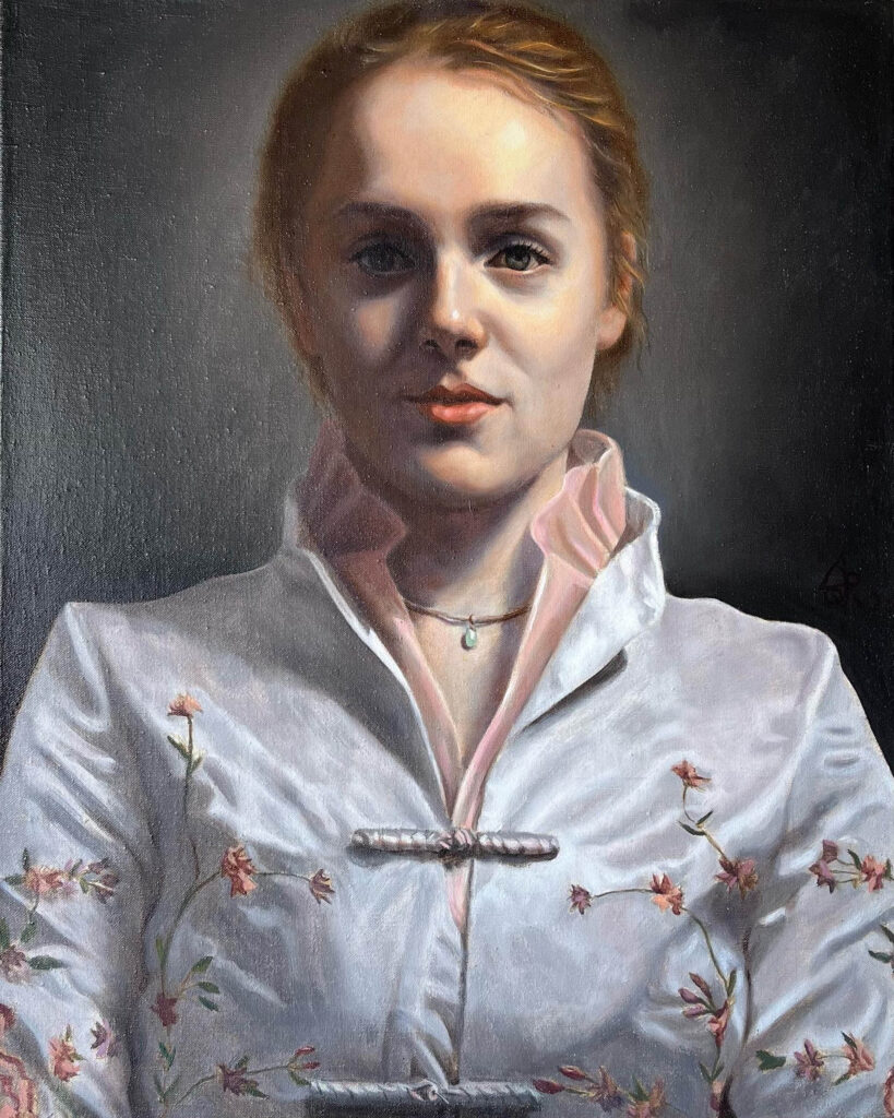 Liuqing Ruth Yang, Taylor With a White Chinese Taditioanl Coat, Oil Paint on Linen Canvas, H 20 x W 16 Inxhes, 2020