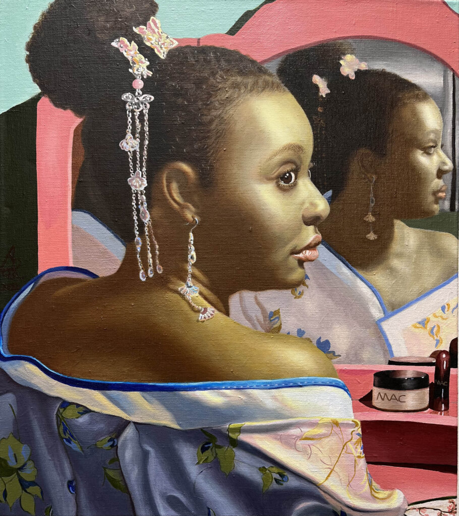 Liuqing Ruth Yang,Cydney with a Chinese Traditional Garment Han Fu, Oil Paint on Linen Canvas, H 16 x W 14 inches, 2022