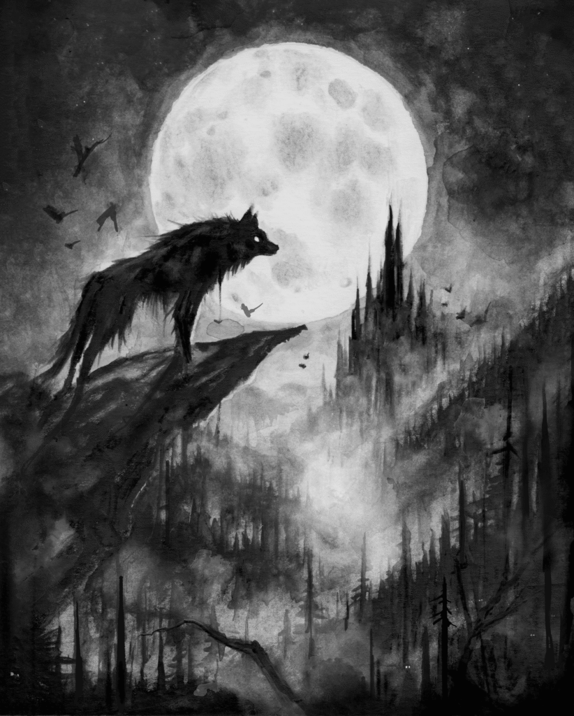 A work of art by Brian Serway depicting a wolf on a cliff overlooking the forest. A work of art by Brian Serway depicting a wolf on a cliff overlooking the forest.