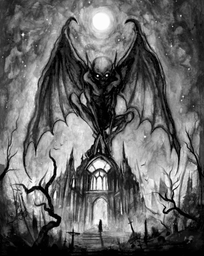 A work of art by Brian Serway depicting a devil on an aged building. A work of art by Brian Serway depicting a devil on an aged building.